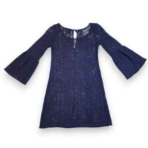 American Eagle Crochet Bell Sleeve Tunic Dress Navy Boho Sheer Cover Up Size XS